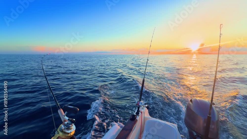 Offshore trolling fishing at sunset with rods on boat in open sea