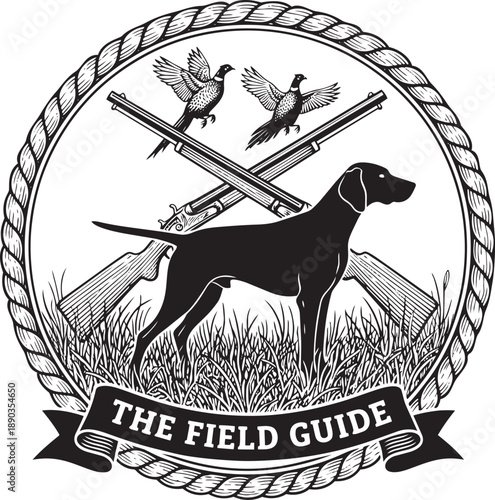 Hunting dog standing proudly with crossed rifles and flying birds in a circular emblem design