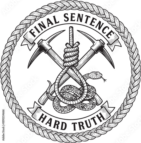 Coiled Snake Entwined Around Pickaxes within Braided Circle Emblem Illustrating Justice and Severity