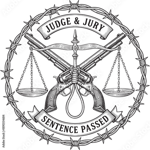 Grayscale illustration of crossed guns and scales of justice surrounded by barbed wire, symbolizing sentence and judgment.