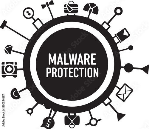 Cyber security concept with malware protection and various related icons surrounding a central circle