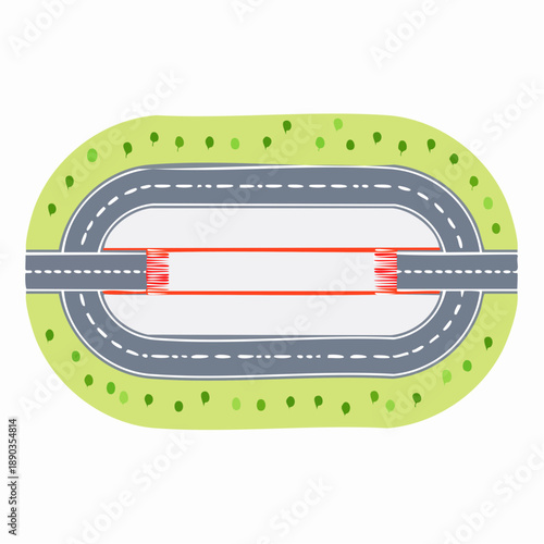 Racing road. Race track. Start and finish line racing high-speed racetrack top view background.