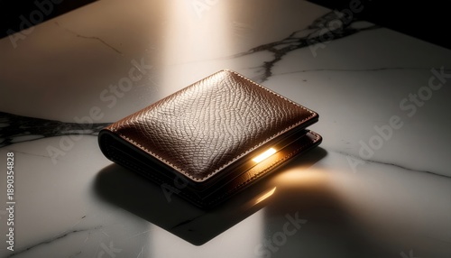 Elegant leather wallet on a marble surface bathed in warm light, showcasing fine texture and craftsmanship for upscale fashion and product photography