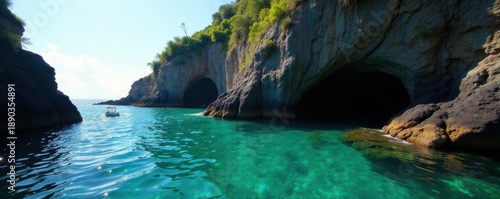 Hidden cove, emerald water laps volcanic rocks, nature, green, serene