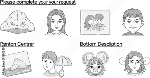 Hand drawn sketch character faces and concept icons set pencil outline illustration vector