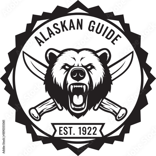 Alaskan Guide emblem featuring a bear's head with crossed bones, symbolizing wilderness adventure and exploration in a vintage emblem style
