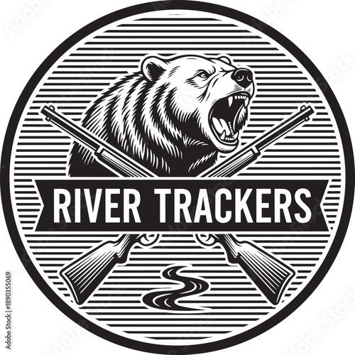 A vintage-style illustration of a bear and crossed rifles in a circular emblem with a river tracker theme, vector graphics, Object_50.eps reference