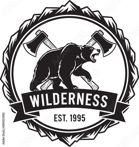 Vintage Wilderness Logo Featuring Bear and Axes in Circular Frame