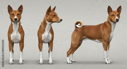 Detailed 3D Basenji Dog Model Poses: Front, Profile, and Three-Quarter Views on Neutral Background. Realistic African Barkless Dog Breed Illustration for Pet, Veterinary, and Educational Content