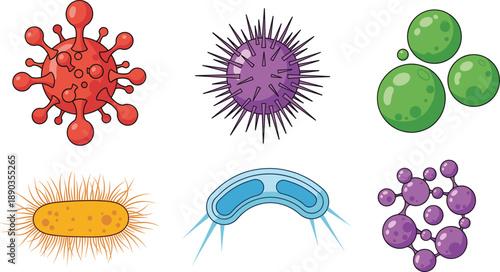 Cartoon virus and bacteria microorganisms collection medical biology science vector illustration set
