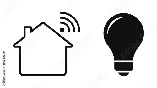 Simple black and white icons representing smart home technology connectivity controlling a wireless light bulb element