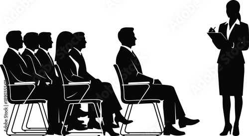 Business seminar silhouettes, professional evaluation vector, corporate communication illustration, leadership presentation , office training graphic, flavector