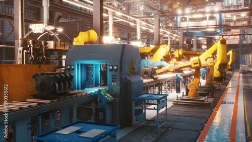 Photos In a bright, high tech factory, robotic arms efficiently assemble products on an intricate production line, showcasing advanced automation in action during daytime operations