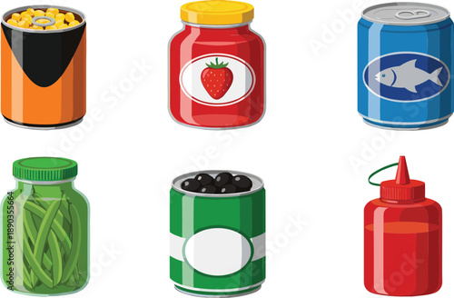 Canned food and jar packaging vector set with corn, jam, fish, beans, olives and ketchup bottle illustration