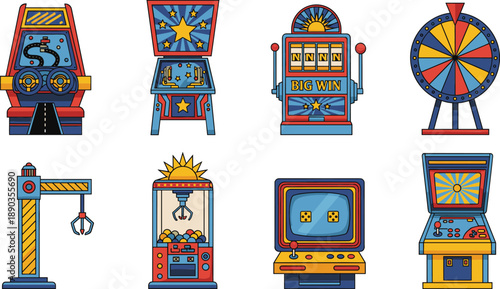 Arcade game machine vector set with slot jackpot, pinball, claw crane, roulette wheel and retro gaming illustration