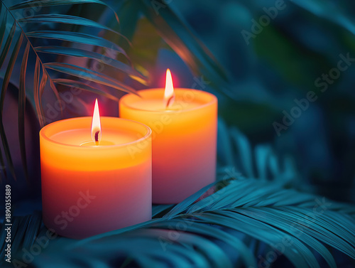 Serene Candlelight and Blurred Palm Leaves in the Background