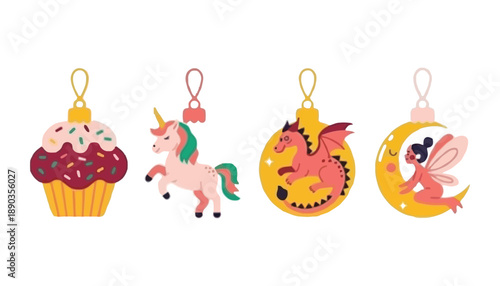 A set of colorful cartoon ornaments featuring fantasy creatures and sweets