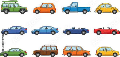 Cartoon car vehicle vector set with different colorful models including sedan, pickup, convertible and hatchback illustration