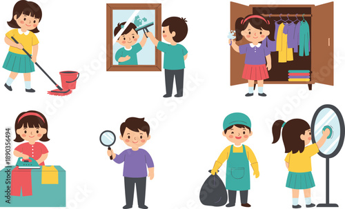 Kids helping with household chores cleaning organizing and daily activities cute vector illustration set