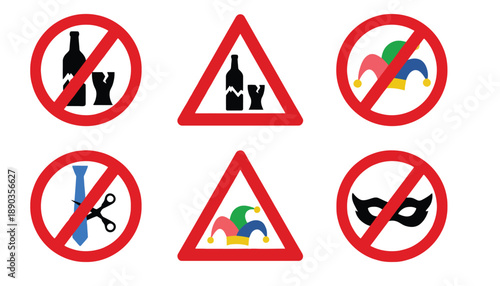 A set of warning signs prohibiting various activities and objects