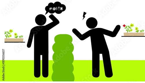 Two angry people arguing in a colorful room with flowers