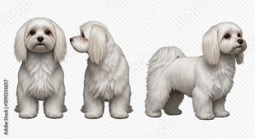 Realistic Maltese Dog Illustration Set: Three Distinct Poses (Front, Side Profile, Standing) of a Cute White Fluffy Puppy with Long Hair on Transparent PNG Background. High-Quality Pet Graphic.