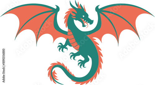 Flying Green Dragon Mythical Beast with Orange Wings Art