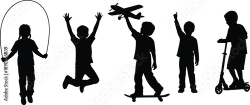 Children play silhouettes, outdoor activity vector, childhood movement illustration, recreational fun, playful energy graphic, flavector