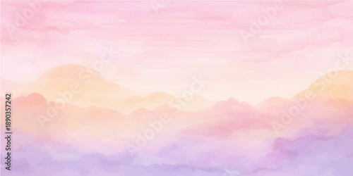 Vintage grunge watercolor background featuring an abstract blue and orange cloudscape during a bright nature sunrise with sunlight filtering through the summer evening sky atmosphere