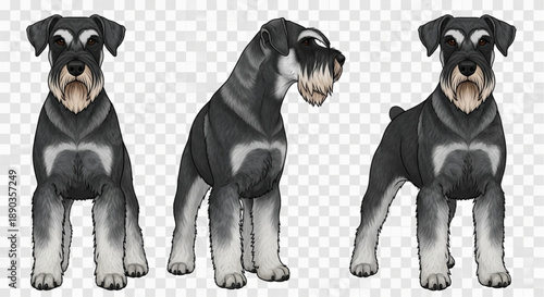 Detailed Vector Illustration of a Miniature Schnauzer Dog in Three Poses: Front View, Side Profile, and Standing Stance. Perfect for Pet Care, Veterinary, or Breed Information Graphics.