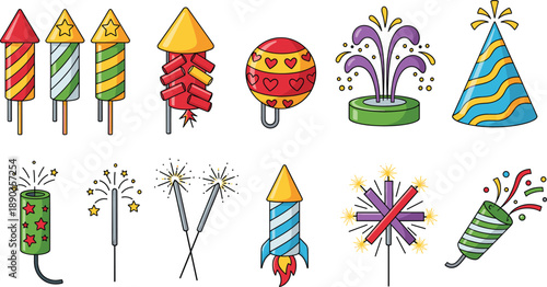 Colorful fireworks and party celebration vector set with rockets, sparklers, fountain, confetti popper and festive elements