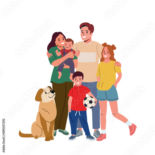 Happy family with children and dog standing together, smiling parents and kids. Vector cartoon flat style illustration