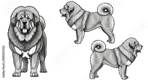 Majestic Tibetan Mastiff Dog Illustration Set: Detailed Black and White Hand-Drawn Sketch of Powerful Guardian Breed in Multiple Poses for Pet, Veterinary, or Educational Design