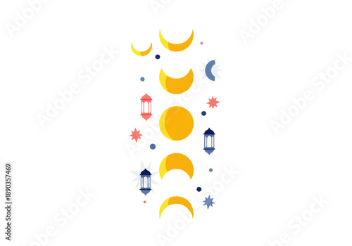 Vector flat design illustration of celestial bodies and lanterns in a colorful, whimsical composition with a mix of moons, stars, and lights on a white background.