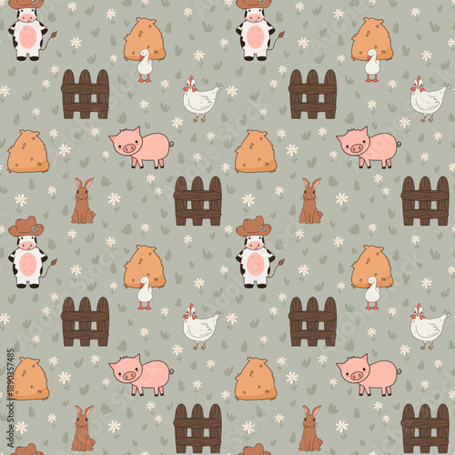 cute hand drawn cartoon character with funny cow with hat in the meadow with hen, daisy flowers, wood bench, pig, rabbit and hay seamless vector pattern background illustration