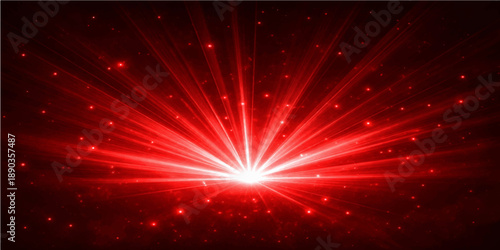 A vibrant red abstract background features a bright star burst explosion with glowing sparkles and shiny light effects, creating a festive holiday celebration design across a magic galaxy space