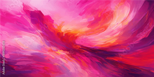 Abstract watercolor background featuring pink flowers and purple feathers with a swirl of colorful paint texture and fractal smoke motion in a light fantasy design