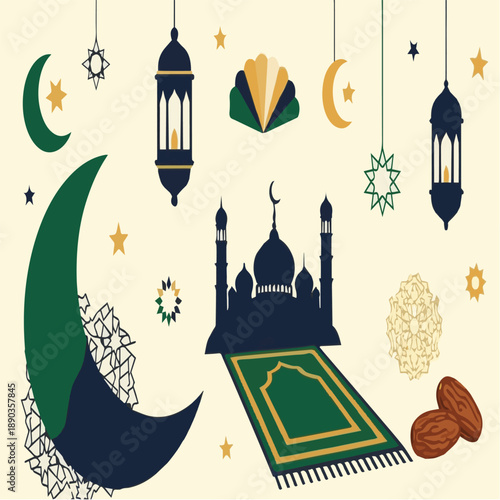 Flat vector illustration themed for Ramadan 2026 featuring Islamic decorative elements such as crescent moon, mosque silhouette, lantern, stars, and geometric ornaments