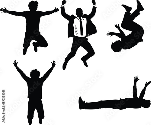 Jumping silhouette poses, dynamic motion vector, energetic movement illustration, freedom and celebration , expressive action graphic, flavector