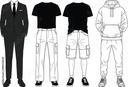 Male fashion silhouettes, outfit style vector, formal and casual clothing illustration, wardrobe variety, menswear graphic, flavector