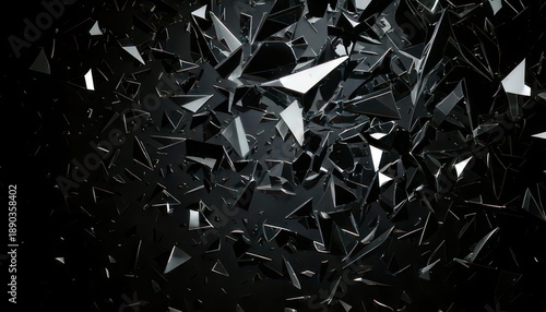 Abstract shattered glass fragments on a dark background create a dynamic effect.