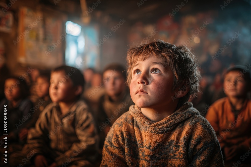 Fototapeta premium Children listen to traditional storytelling in a rural setting