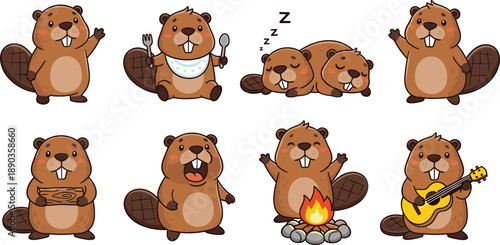 Cute beaver cartoon character set with different poses camping, sleeping, eating and playing guitar vector illustration