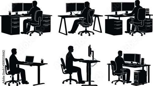 Office desk silhouettes, computer workstation vector, ergonomic workspace illustration, seated and standing posture , tech setup graphic, flavector