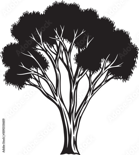 Minimalist black and white tree silhouette illustration featuring detailed branches and lush foliage clusters perfect for nature branding environment projects landscaping design and organic botanical 