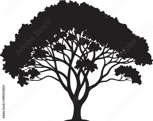 A black silhouette of a spreading leafy tree with detailed branches and dense canopy standing as a majestic nature icon for park landscaping and environmental conservation