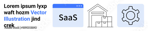 SaaS browser, warehouse with stacked boxes, and gear icon for software, logistics, and systems. Ideal for e-commerce, logistics, SaaS, automation technology supply chain simple landing page