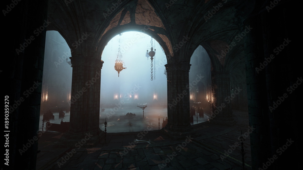 Fototapeta premium In an ancient hall filled with mist, flickering chandeliers cast ghostly lights on the stone floor. Shadows dance across the weathered walls, revealing an atmosphere of forgotten history.