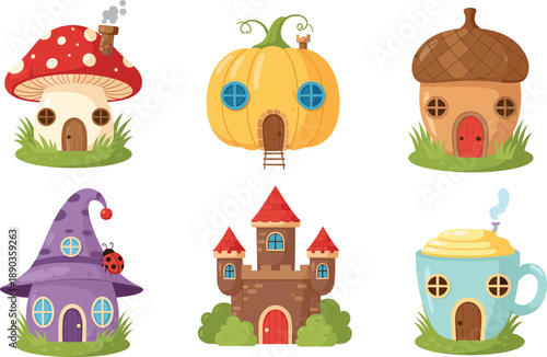 Cute fairy tale fantasy houses vector set with mushroom, pumpkin, acorn, castle and teacup home illustration
