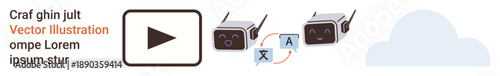 Media sharing, cloud storage, language translation, audio devices, technology, AI communication. Two AI devices connected through language translation icons near a cloud. Media sharing, language